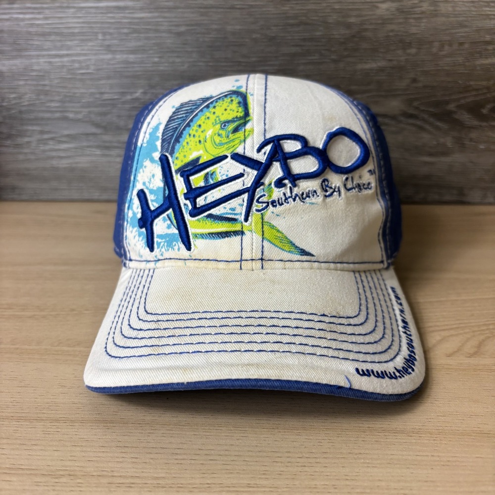 Heybo Hat Cap Strap Back Blue White Fishing Mahi Embroidered Graphic Mens